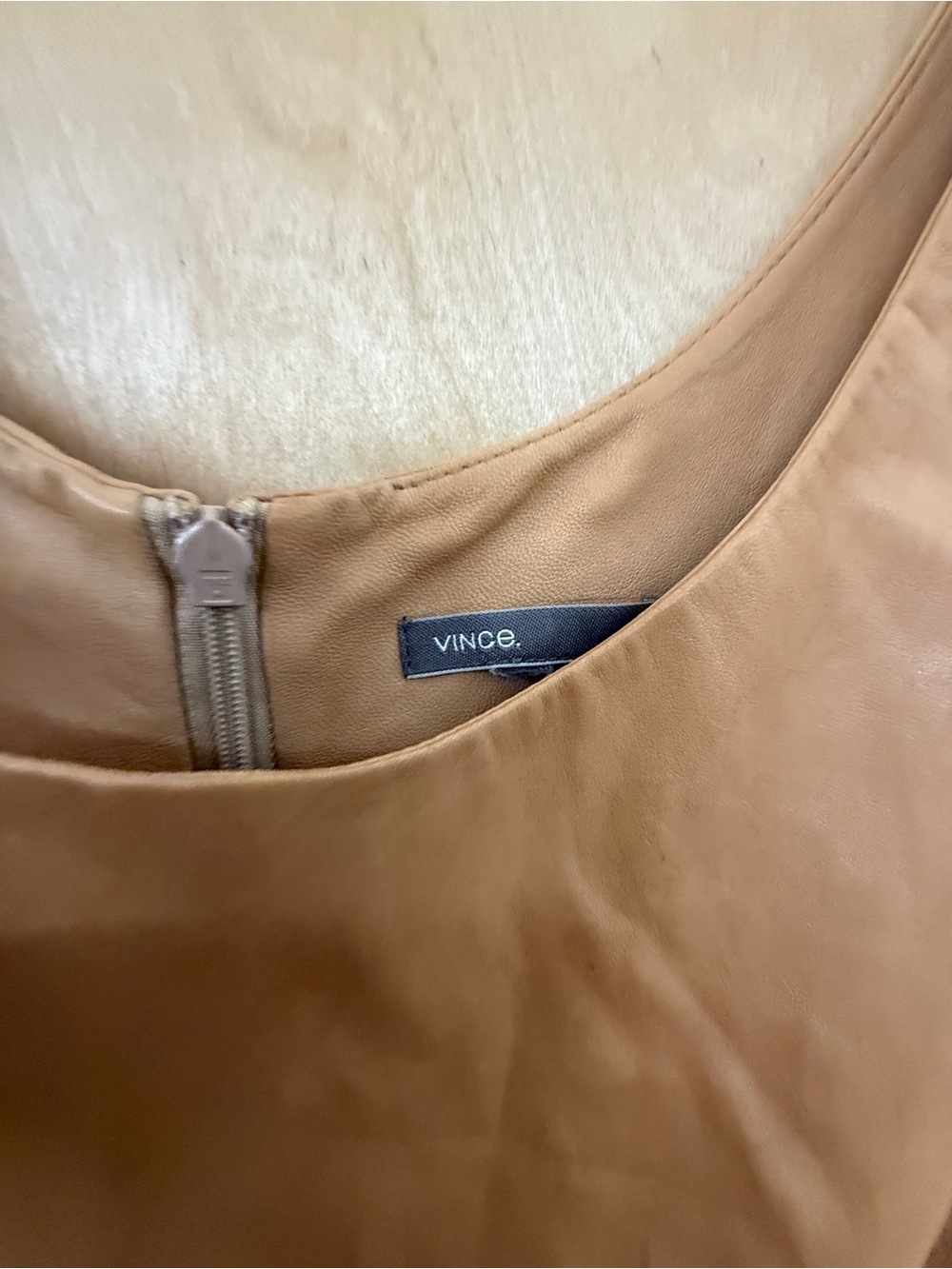 Vince Tan Leather Scoop Neck Shift Dress Front Pockets Size 12 - Picture 10 of 15